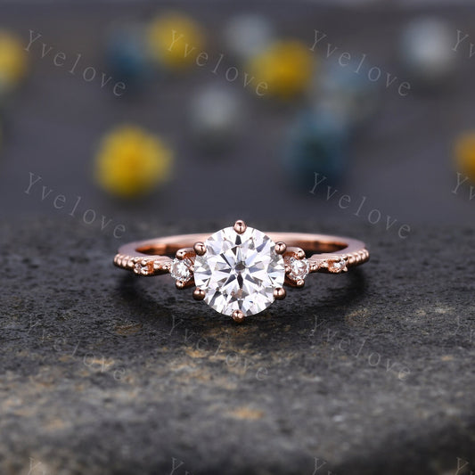 7mm Round Moissanite Ring,Dainty Engagement Ring,Solitaire Ring,14K Rose Gold Ring,Stacking Matching Ring,Promise Bridal Ring,Ring For Women