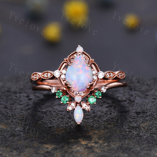 Vintage White Opal Engagement Ring Set,Pear Shape Opal Bridal Set,V Curve Opal Emerald Stack Band,Solid Gold,Women Rings Gift For Her,Custom