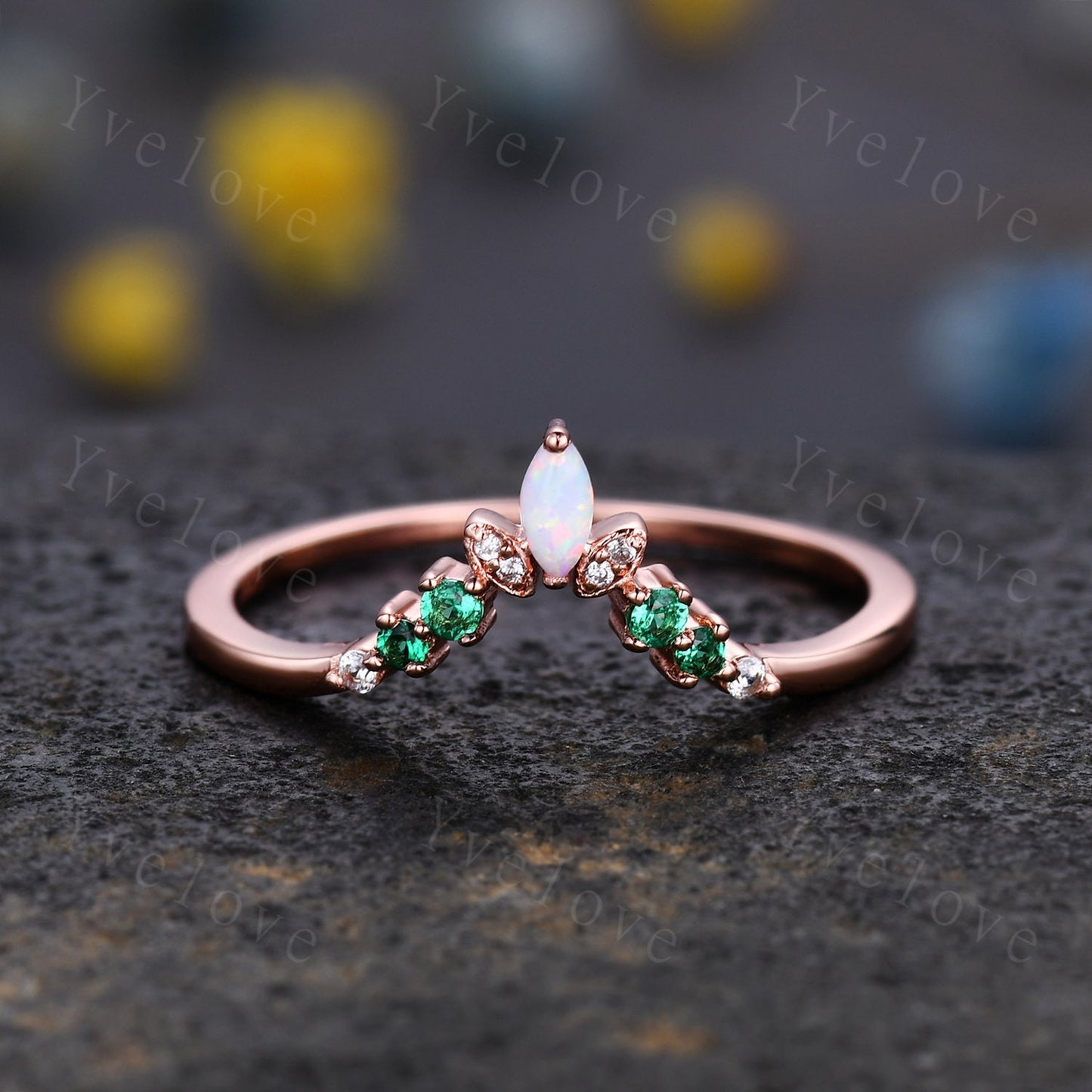 Art Deco Opal Wedding Band,Marquise Opal Band,Moissanite Emerald Wedding Band, V Chevron Ring,Bezel Set,Stacking Ring Anniversary Ring Gift