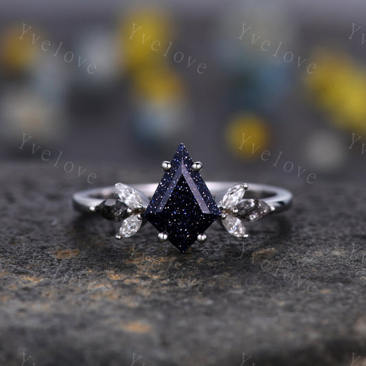 Vintage Kite shaped Sandstone Engagement Ring,Unique Bridal Ring,Marquise Black Rutilated Quartz,White Gold,Women Galaxy Anniversary Ring