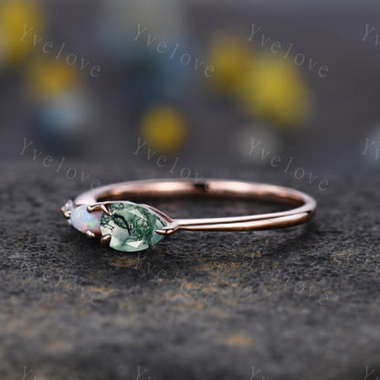 Unique Moss Agate Opal Engagement Ring,Pear Cut Gems,Art Deco Moissanite Wedding Band,3 Stone Unique Women Bridal Promise Ring,Customized