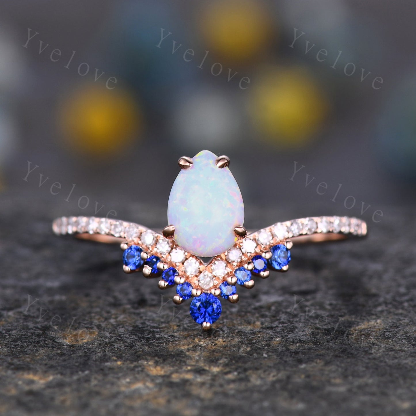 Vintage White Opal Engagement Ring,Opal Sapphire Bridal Ring Set,Pear Opal Ring,Curve Blue Sapphire Diamond Stacking Band,14k Rose Gold Ring