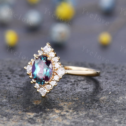 Vintage engagement ring 14k gold alexandrite moissanite wedding ring women bridal jewelry floral halo plain gold band anniversary ring gift