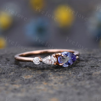 Vintage Tanzanite Ring Engagement Ring,Pear Cut Gems,Art Deco Moissanite Wedding Band,3 Stone Unique Women Bridal Promise Ring,Rose gold