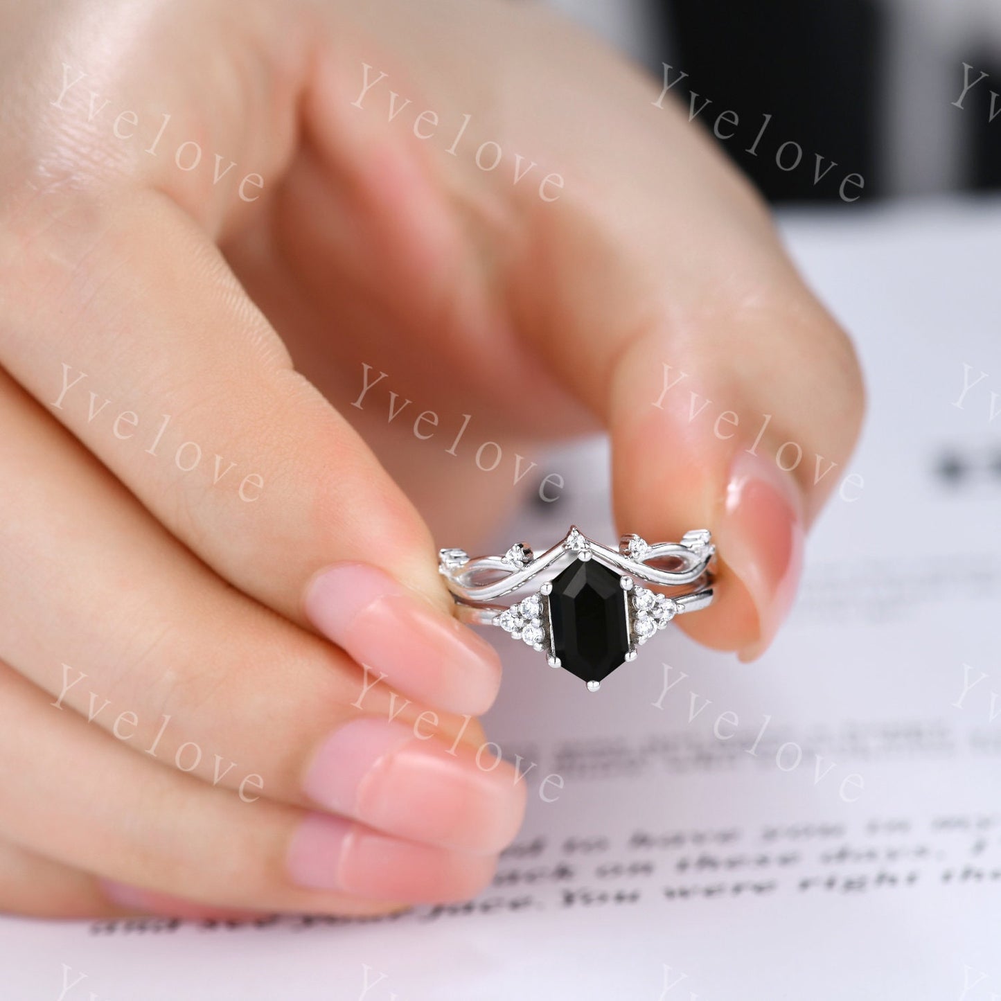 Retro hexagon Black Onyx Ring,Vintage Sterling Silver Ring Set,Unique Black Onyx Engagement Ring,Promise Ring,Anniversary Ring Gift For Her