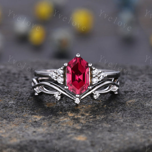 Retro hexagon Red Ruby Ring,Vintage Sterling Silver Ring Set,Unique Ruby Engagement Ring,Promise Ring,Anniversary Brial Ring Gift For Her