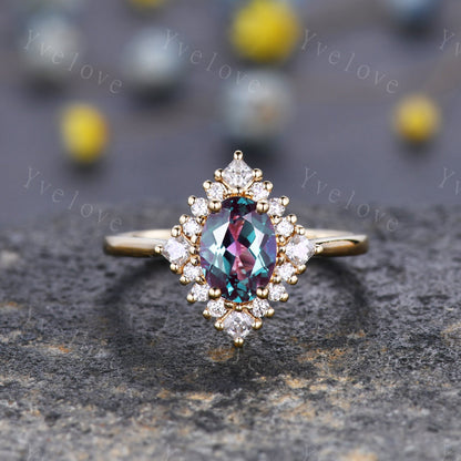 Vintage engagement ring 14k gold alexandrite moissanite wedding ring women bridal jewelry floral halo plain gold band anniversary ring gift