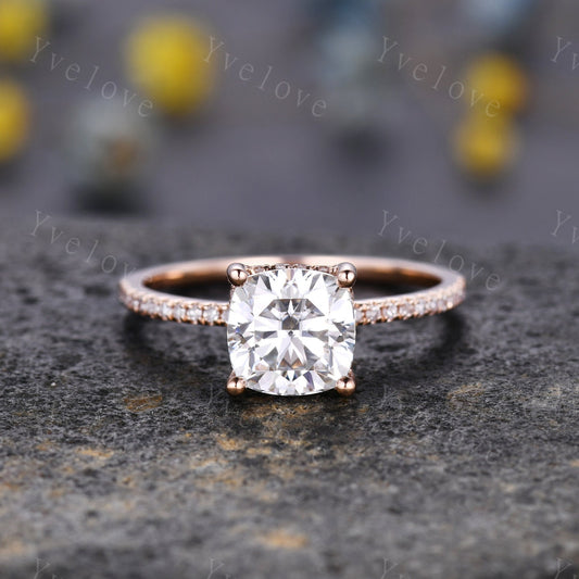 7mm cushion cut moissanite big moissanite engagement ring solid gold natural diamond wedding band hidden diamond band custom jewelry gift