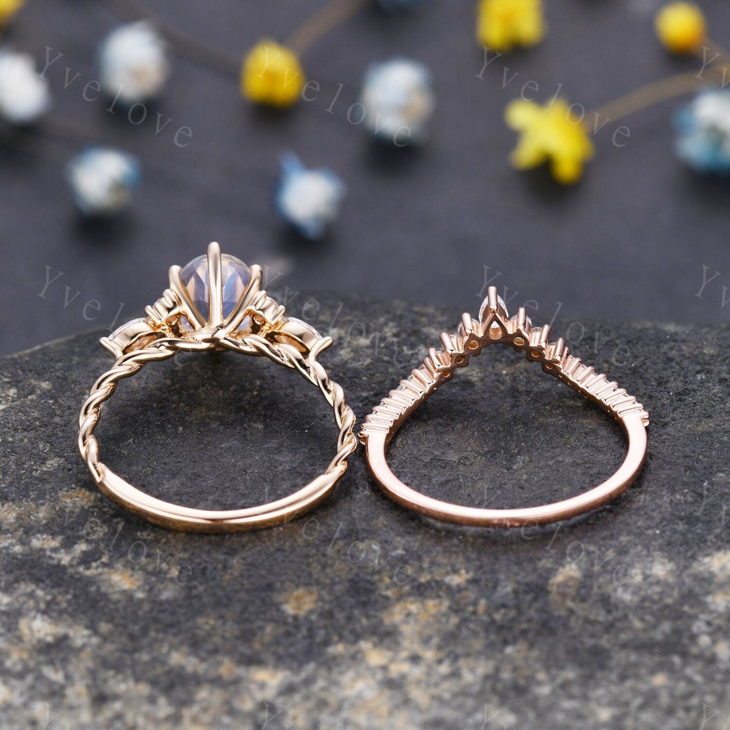 Vintage Moonstone engagement ring set oval cut ring art deco diamond women ring,Rose gold danity promise ring anniversary bridal ring gift