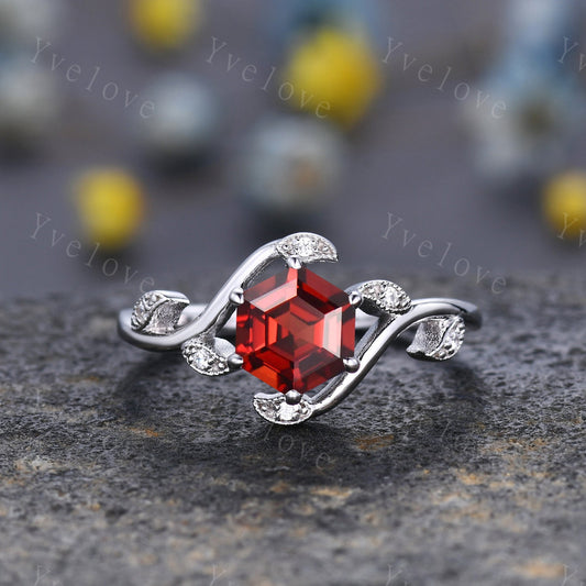 Vintage hexagon cut Red Garnet Ring,Unique Sterling Silver Ring,Retro Garnet Engagement Ring,Leaf Ring,Twig Vine Ring,Anniversary Ring Gift