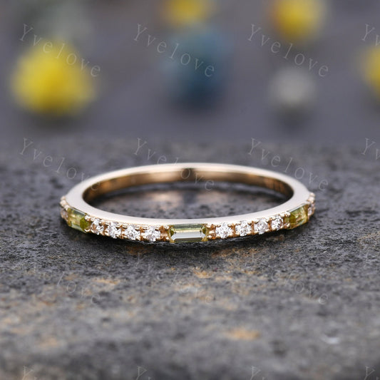 Peridot Ring, Minimalist Stackable Band,Baguette Peridot Diamond Wedding Ring,Half Eternity Wedding Band,Gold Ring,Anniversary Stacking Ring
