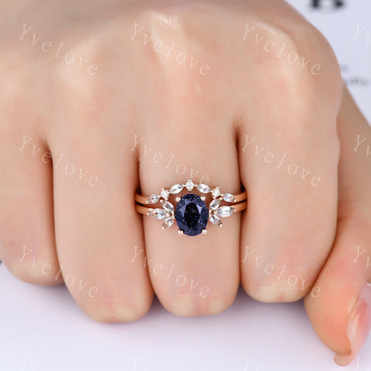 Blue Sandstone Engagement Ring Set Women Stacking Matching Band Marquise Aquamarine Eternity Ring Unique Vintage Floral Design Promise Gift