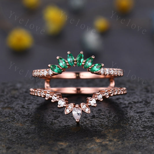 Enhancer Stacking Matching Wedding Band,Marquise Emerald Band,Moissanite Emerald Wedding Ring,Double curved Ring,Rose Gold Bridal Ring Gift