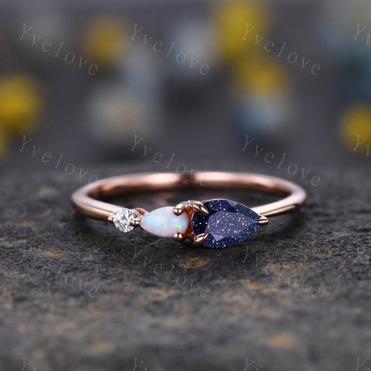 Vintage Sandstone Opal Engagement Ring,Pear Cut Gems,Art Deco Moissanite Wedding Band,3 Stone Unique Women Bridal Promise Ring,Customized