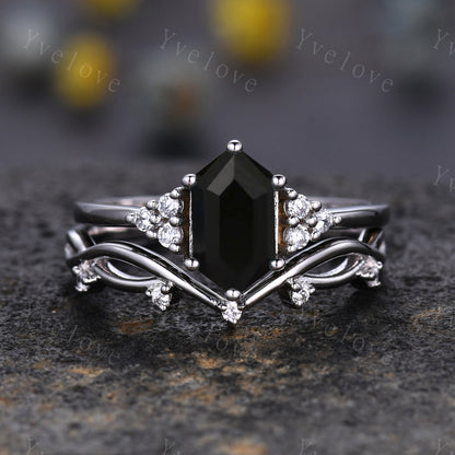 Retro hexagon Black Onyx Ring,Vintage Sterling Silver Ring Set,Unique Black Onyx Engagement Ring,Promise Ring,Anniversary Ring Gift For Her