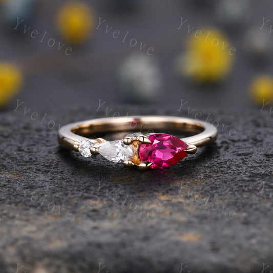 Vintage Red Ruby Ring Engagement Ring,Pear Cut Gems,Art Deco Moissanite Wedding Band,3 Stone Unique Women Bridal Promise Ring,Gold Ring Gift