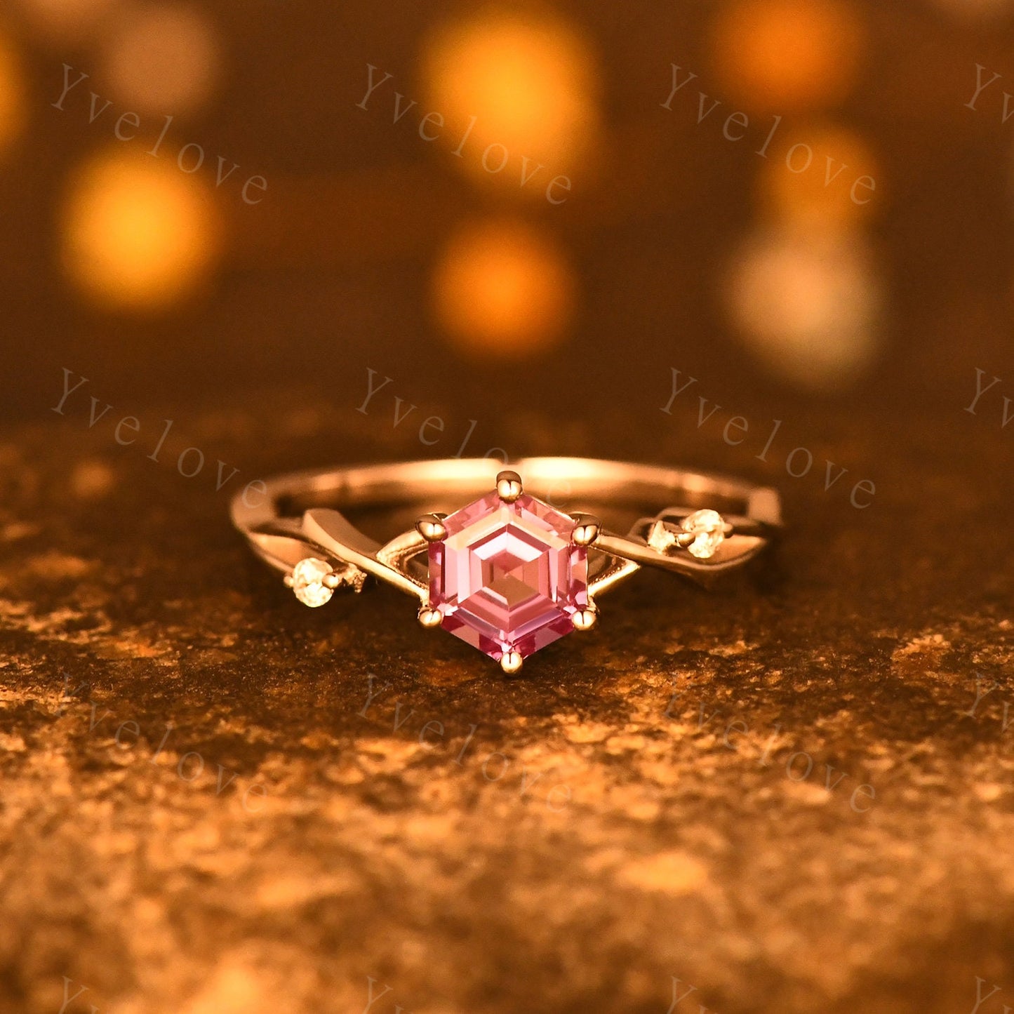Unique Hexagon shape Alexandrite Engagement Ring,Vintage Branch Twig Diamond Ring,White Gold Ring,Vine Ring,Women Promise Bridal Ring,Custom