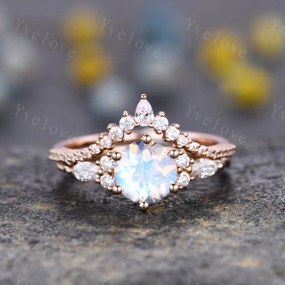 Vintage Moonstone engagement ring set oval cut ring art deco diamond women ring,Rose gold danity promise ring anniversary bridal ring gift