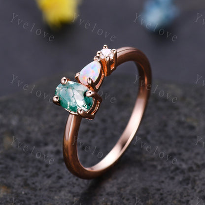 Unique Moss Agate Opal Engagement Ring,Oval Cut Gems,Art Deco Moissanite Wedding Band,3 Stone Unique Women Bridal Promise Ring,Customized