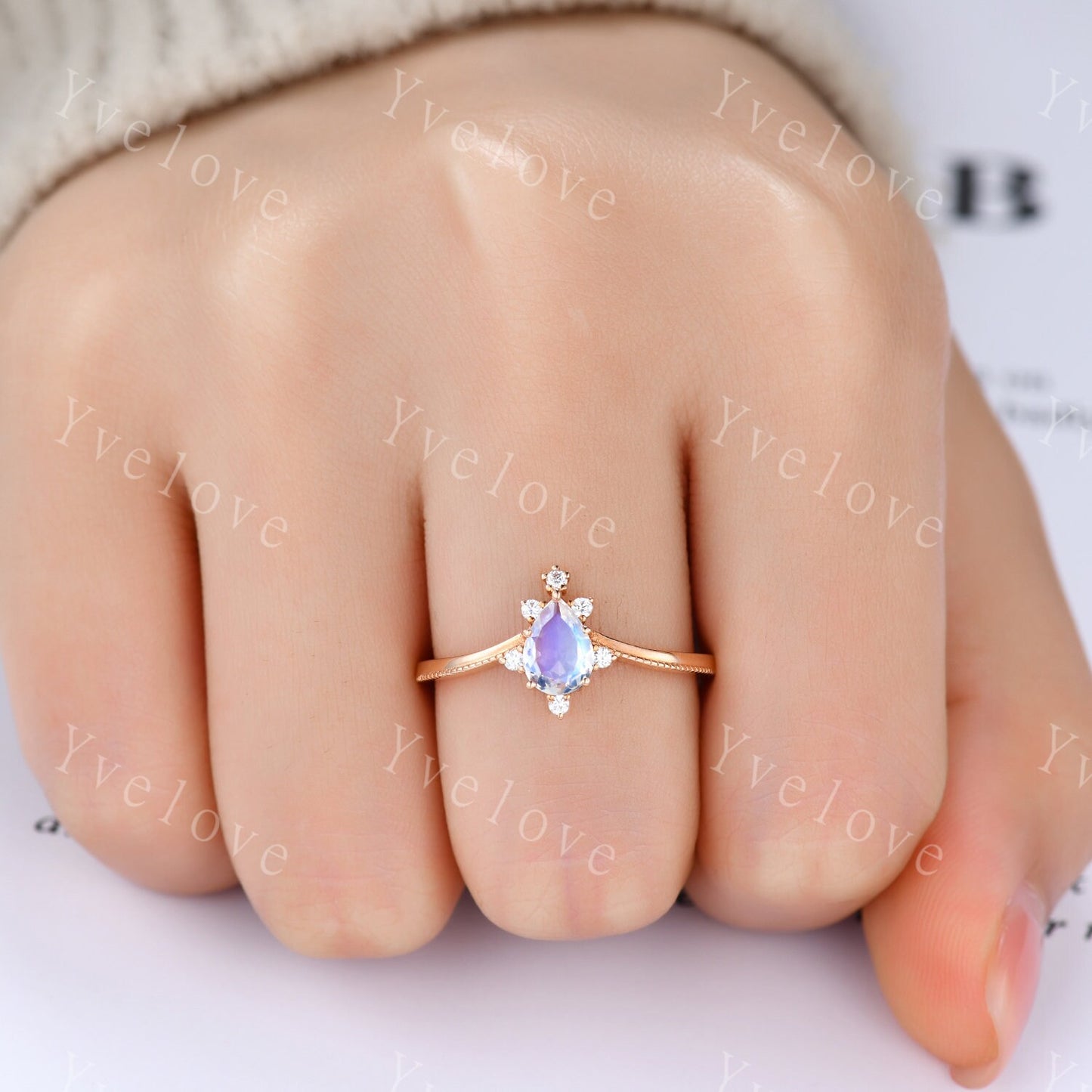 Pear Moonstone engagement ring rose gold ring for women Milgrain ring teardrop moonstone ring art deco unique promise Ring Gift for her