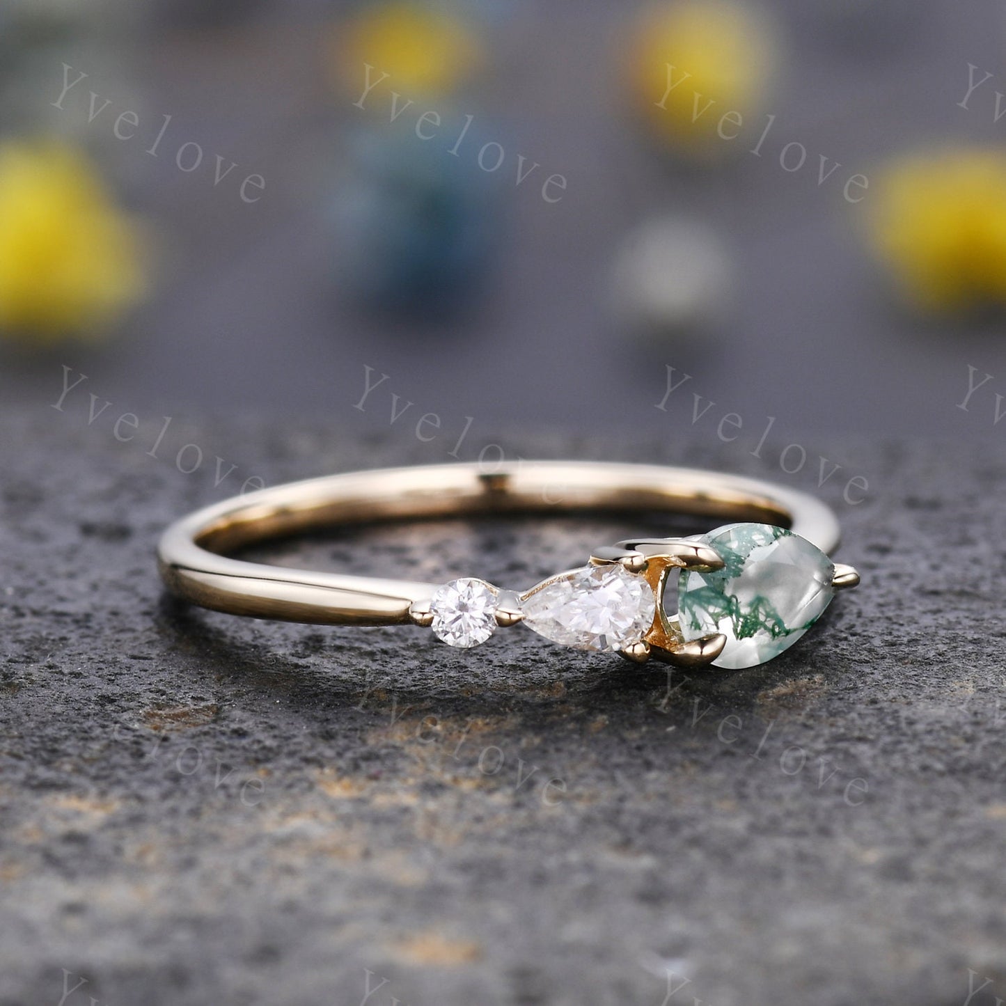 Vintage Moss Agate Ring Engagement Ring,Pear Cut Gems,Art Deco Moissanite Wedding Band,3 Stone Unique Women Bridal Promise Ring,Rose gold