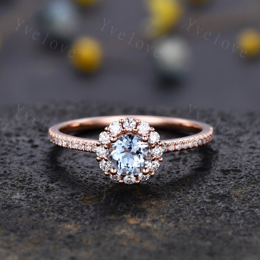 Aquamarine engagement ring 5mm round aquamarine ring floral moissanite halo half eternity diamond band anniversary ring solid 14k rose gold