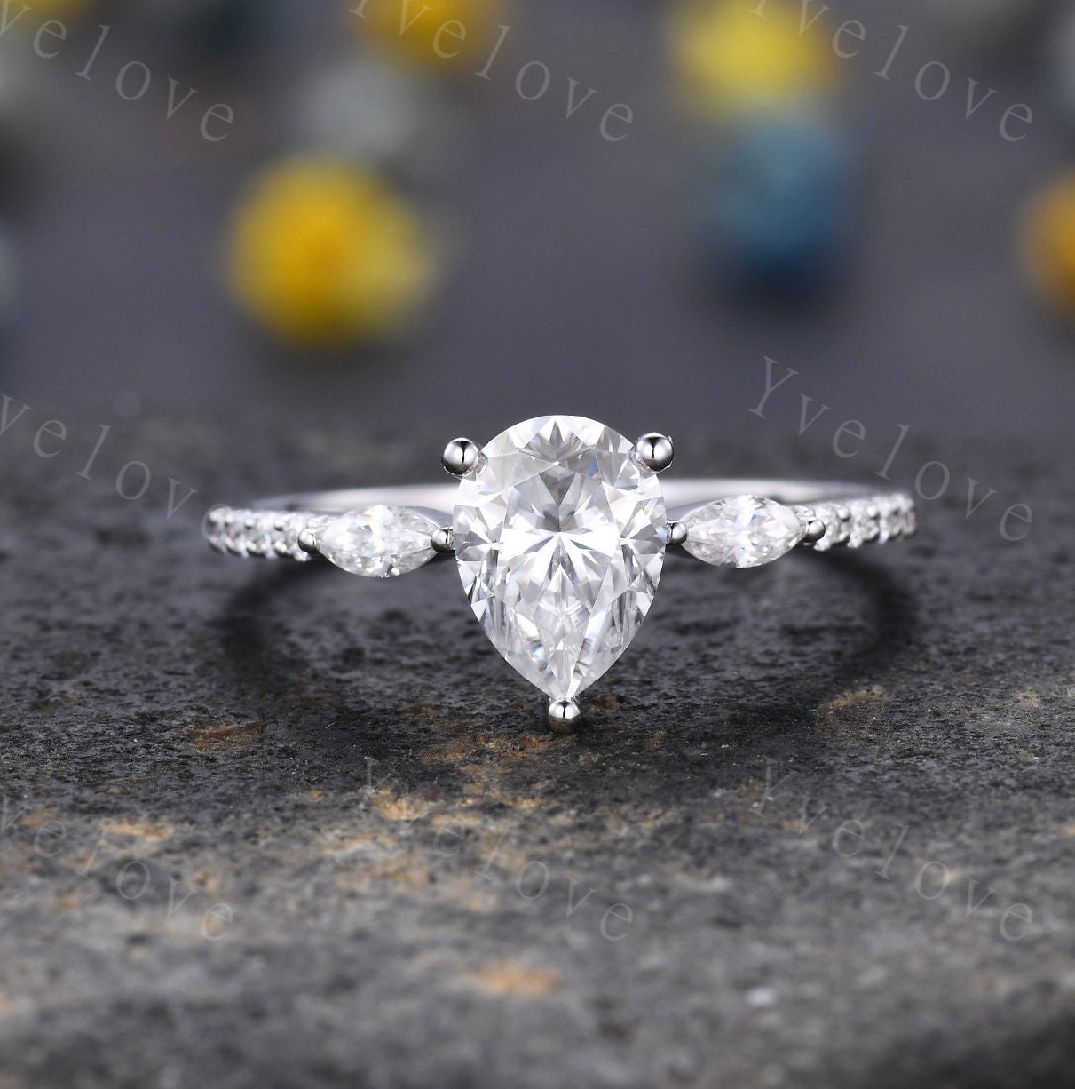 8x6mm Pear Moissanite Engagement Ring,1.5ct Tear Drop Wedding Ring,Marquise Moissanite Wedding Band,Rose Gold Art Deco Bridal Ring For Women