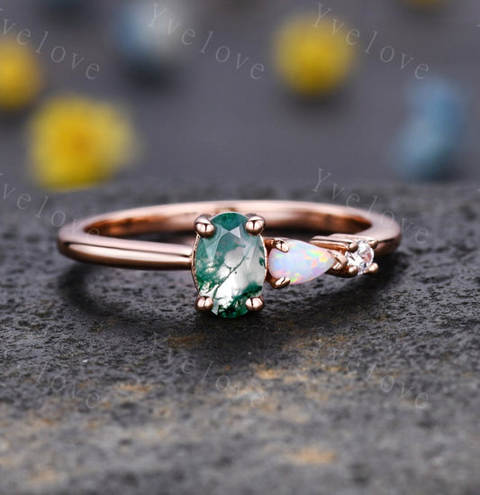 Unique Moss Agate Opal Engagement Ring,Oval Cut Gems,Art Deco Moissanite Wedding Band,3 Stone Unique Women Bridal Promise Ring,Customized