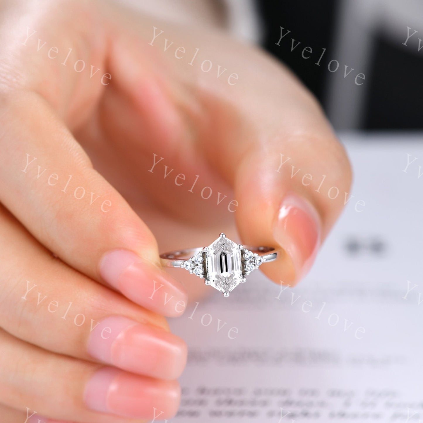 Retro hexagon Moissanite Ring,Vintage Moissanite Ring Set,Unique Diamond Engagement Ring,Promise Ring,Anniversary Ring Gift For Her,Platinum