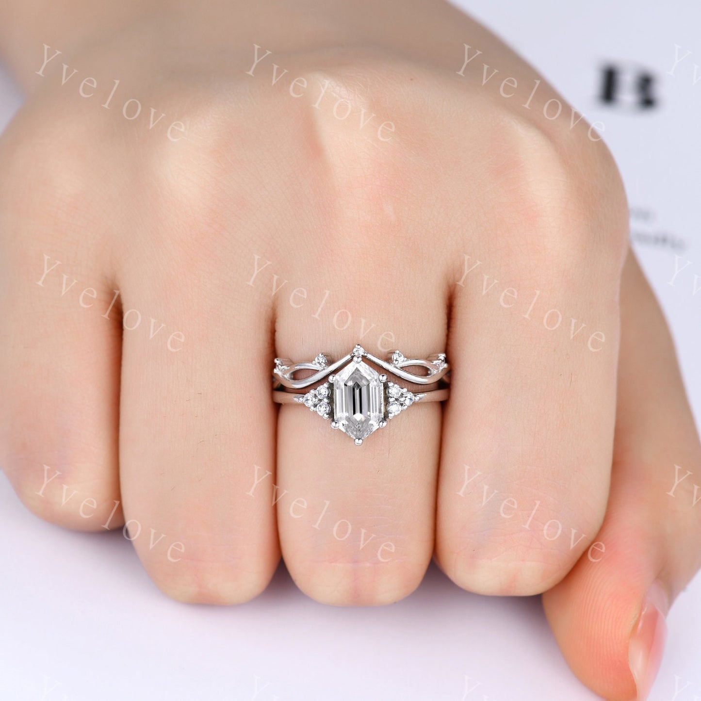 Retro hexagon Moissanite Ring,Vintage Moissanite Ring Set,Unique Diamond Engagement Ring,Promise Ring,Anniversary Ring Gift For Her,Platinum