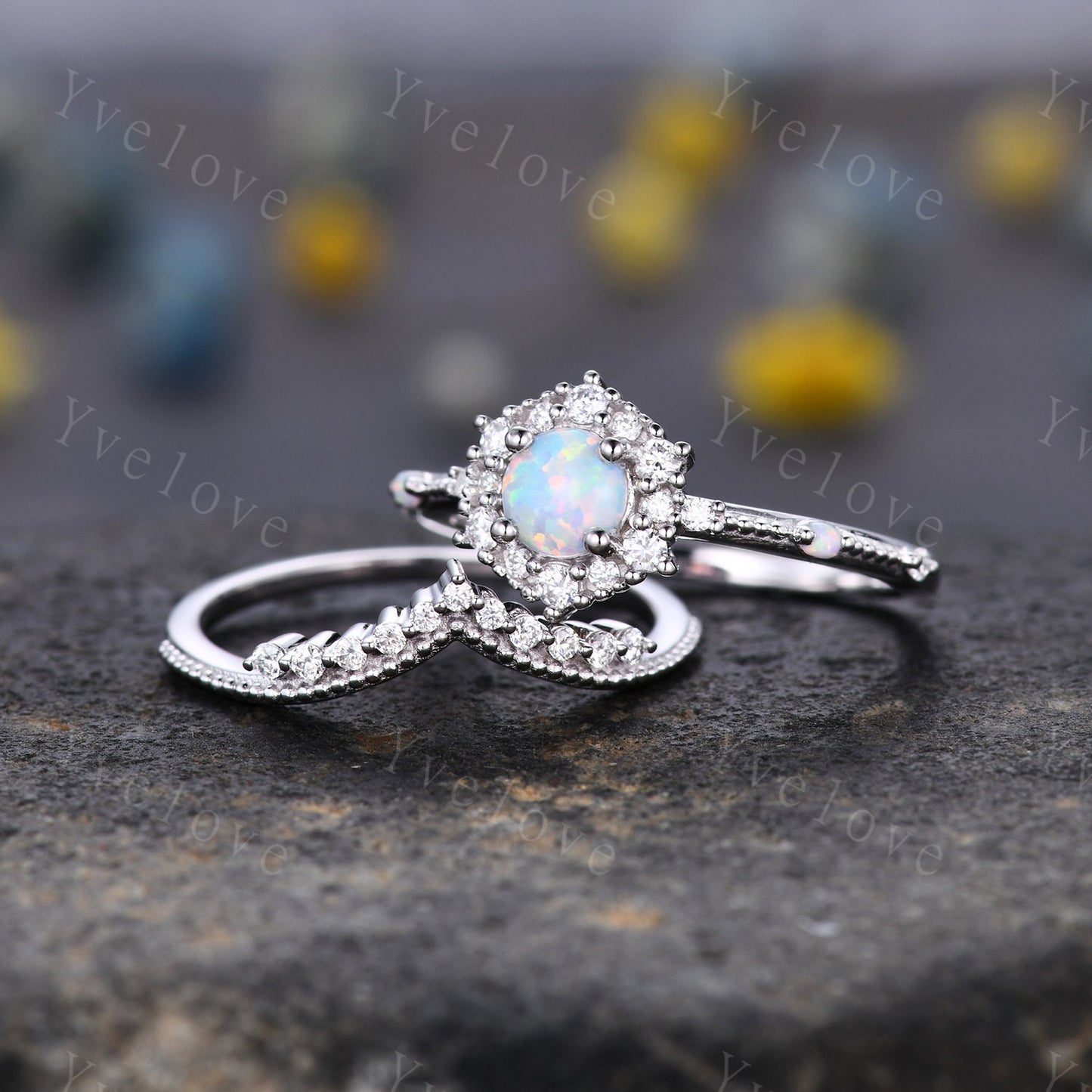 Vintage Opal Engagement Ring Set White Gold Ring Diamond Eternity Ring For Women Stacking Bridal Set Floral Halo Promise Anniversary Gift