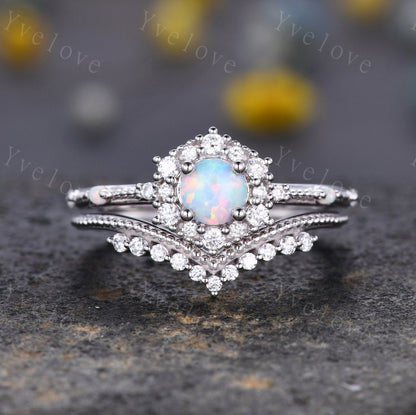 Vintage Opal Engagement Ring Set White Gold Ring Diamond Eternity Ring For Women Stacking Bridal Set Floral Halo Promise Anniversary Gift