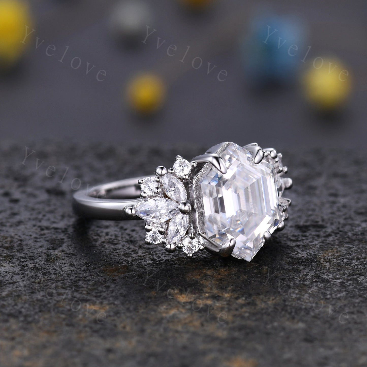 Vintage Hexagon Moissanite engagement ring,Unique Marquise Moissanite Ring,Cluster Ring,Silver Ring,Women Bridal Wedding Gift,Statement Ring