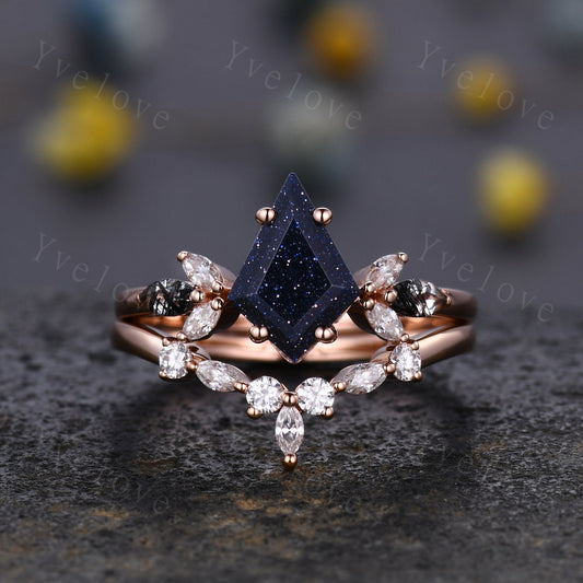 Vintage Kite shaped Sandstone Engagement Ring Set,Unique Bridal Ring Set,Marquise Black Rutilated Quartz,Rose Gold Galaxy Anniversary Ring