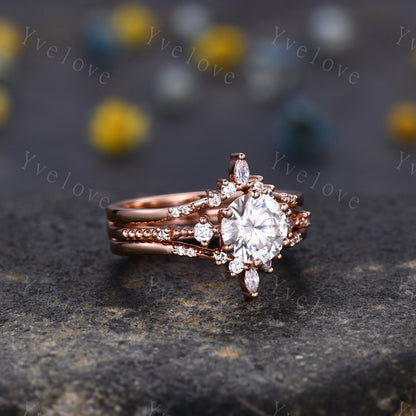 Unique Moissanite Ring Set,Moissanite Engagement Ring,Enhancer Ring,Double Curved band,Women Bridal Matching Stacking Diamond Wedding Band