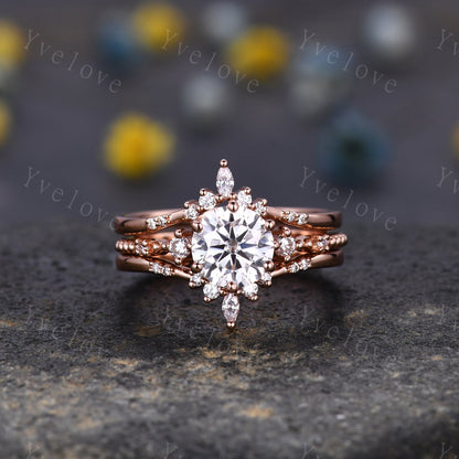 Unique Moissanite Ring Set,Moissanite Engagement Ring,Enhancer Ring,Double Curved band,Women Bridal Matching Stacking Diamond Wedding Band