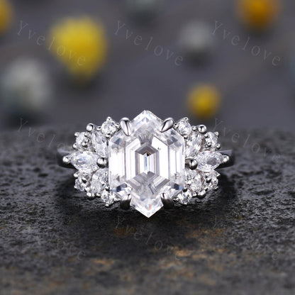 Vintage Hexagon Moissanite engagement ring,Unique Marquise Moissanite Ring,Cluster Ring,Silver Ring,Women Bridal Wedding Gift,Statement Ring