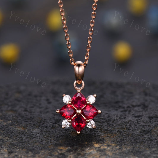 Vintage Natural Red Ruby Diamond Necklace,Pink Gems Pendant Floral Diamond Jewelry Delicate Dainty Necklace Gift For Women,14k Rose Gold