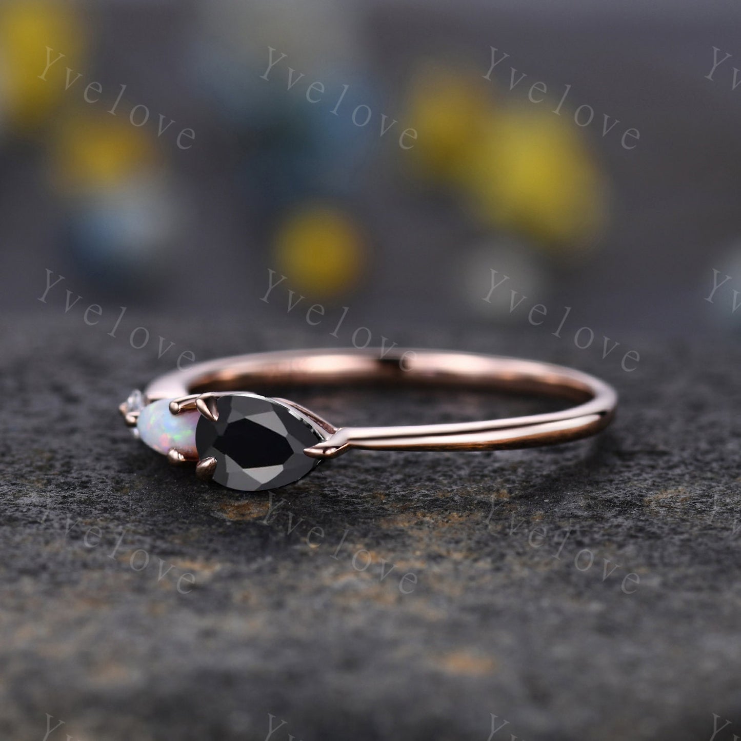 Vintage Black Onyx Opal Engagement Ring,Pear Cut Gems,Art Deco Moissanite Wedding Band,3 Stone Unique Women Bridal Promise Ring Gift,Custom