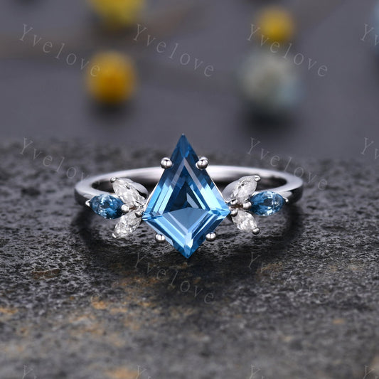 Vintage Kite Cut London Blue Topaz Engagement Ring,Unique Bridal Ring,Marquise Topaz Matching Band,Women Promise Ring,November Birthstone