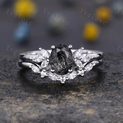 Black Rutilated Quartz Engagement Ring Set Art Deco Ring Women Stacking Diamond Moissanite Matching Band Unique Vintage Floral Jewelry Gold