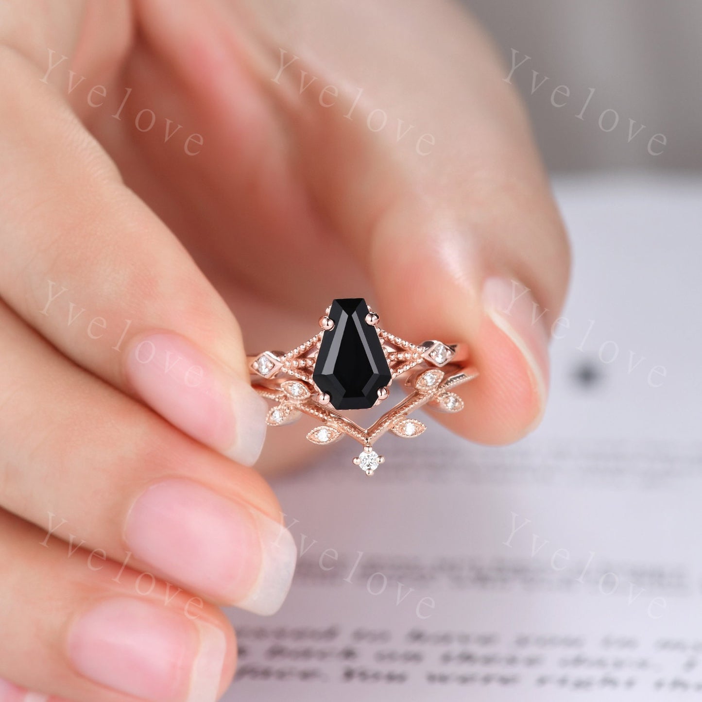 Vintage Coffin black onyx ring set diamond wedding ring Unique black onyx engagement ring women rose gold diamond matching band promise ring