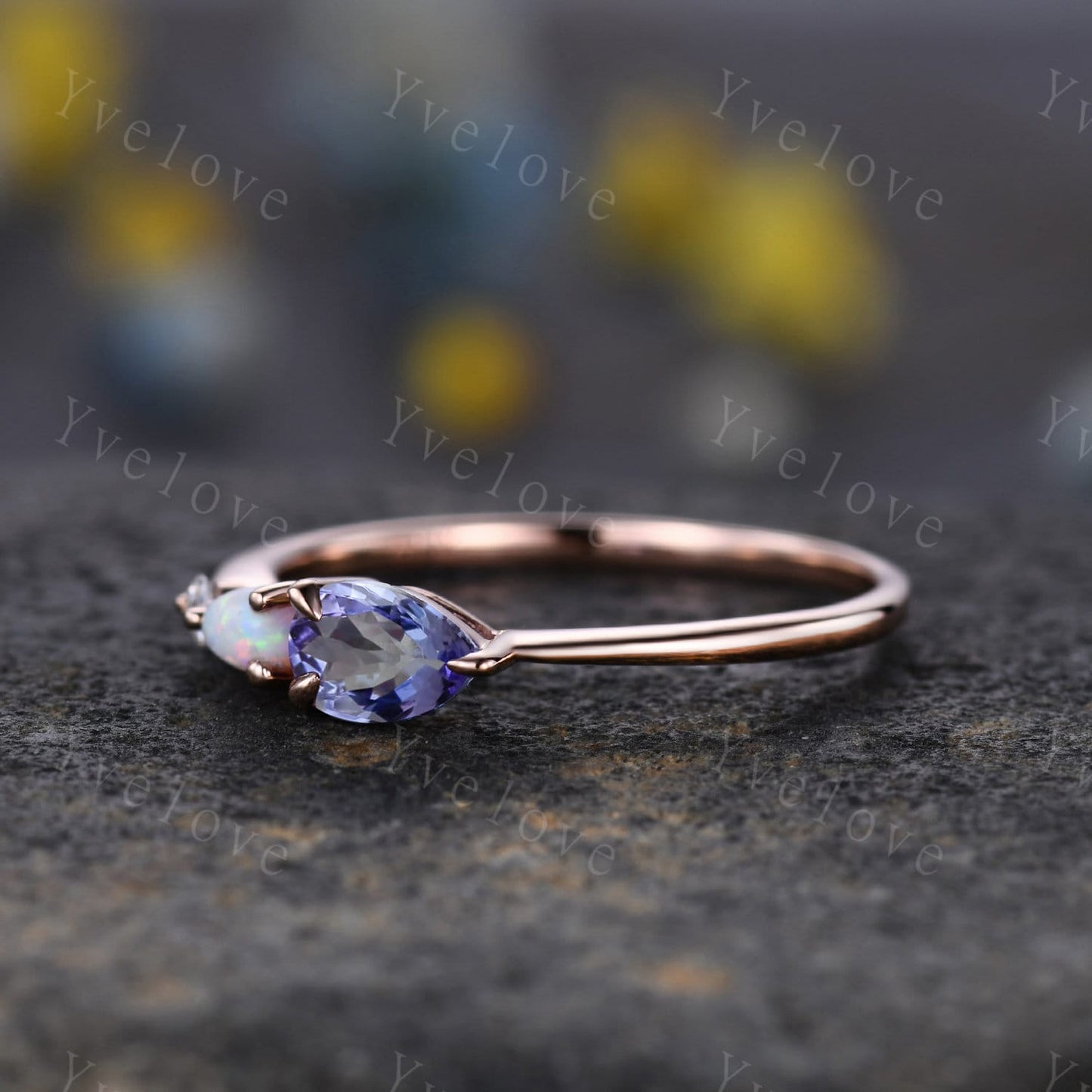 Vintage Tanzanite Opal Ring Engagement Ring,Pear Cut Gems,Art Deco Moissanite Wedding Band,3 Stone Unique Women Bridal Promise Ring,Silver