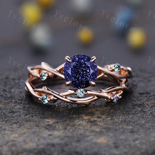 Twig Blue Sandstone Alexandrite Engagement Ring,Sandstone engagement ring set,Galaxy vintage unique promise ring set gift for women,silver