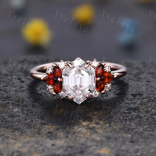 Vintage Hexagon Moissanite Garnet engagement ring,Unique Marquise Garnet Ring,Cluster Ring,Gold,Women Bridal Wedding Band,Statement Ring