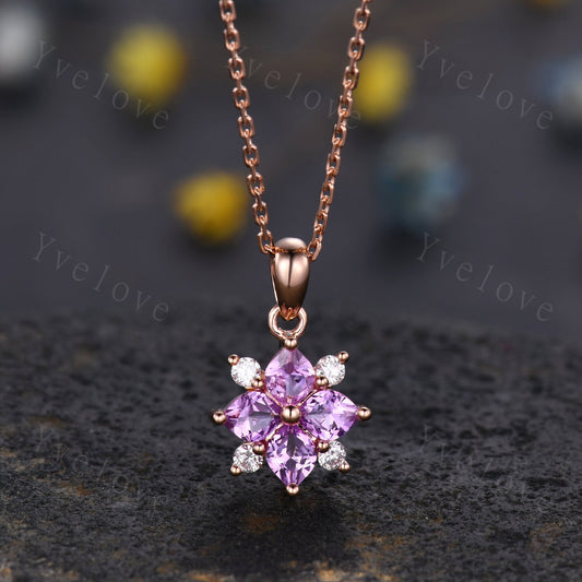 Natural Pink Sapphire Diamond Necklace,Pink Gems Pendant Floral Diamond Jewelry Delicate Dainty Necklace Gift For Women or Her,18k Rose Gold