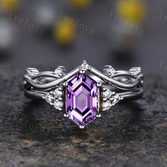 Retro Long hexagon Amethyst Ring,Vintage Sterling Silver Ring Set,Unique Amethyst Engagement Ring,Promise Ring,Anniversary Ring Gift For Her