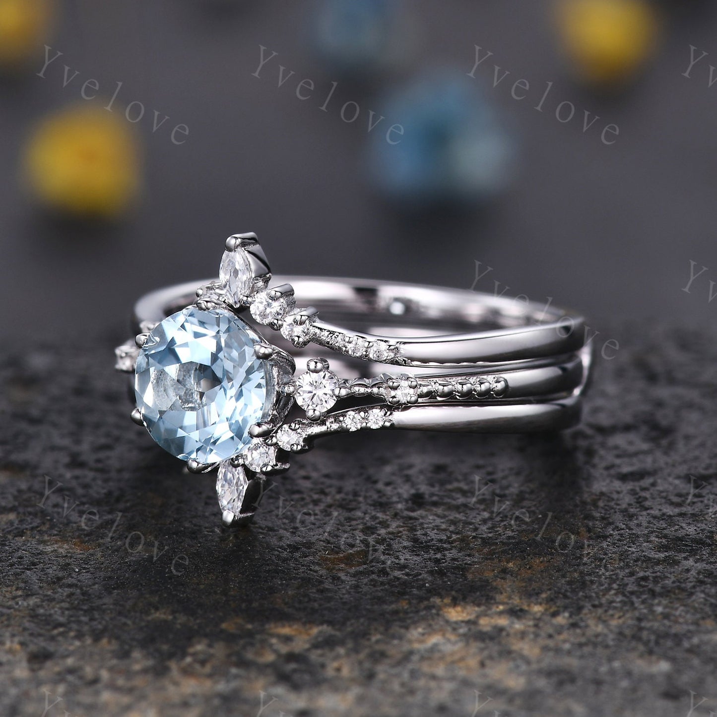 Unique Aquamarine Ring,Blue Aquamarine Engagement Ring,Enhancer Ring,Double Curved band,Women Bridal Matching Stacking Diamond Wedding Band