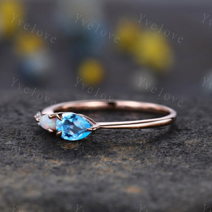 Vintage Swiss Blue Topaz Opal Engagement Ring,Pear Cut Gems,Art Deco Moissanite Wedding Band,3 Stone Unique Women Bridal Promise Ring,Silver