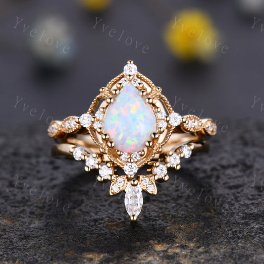Vintage White Opal Engagement Ring Set,6x8mm Pear Opal Bridal Set,Moissanite Band,14K Solid Gold,Women Promise Rings Gift For Her,Customized